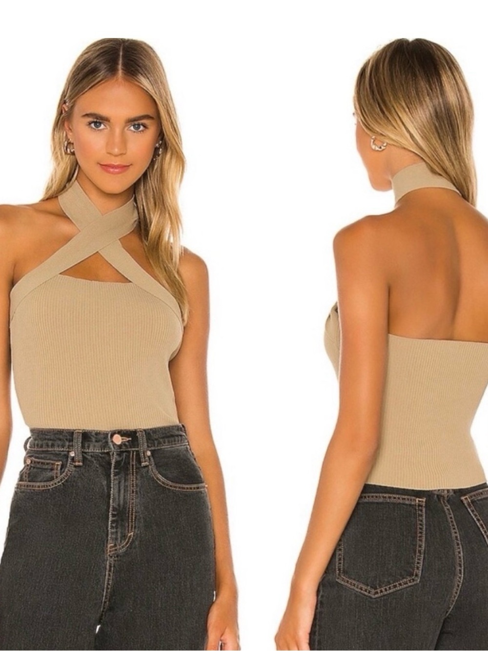 NBD Yvette Revolve Cross-Neck Ribbed Halter Tank Top in Tan NWOT Size Small - Picture 2 of 5